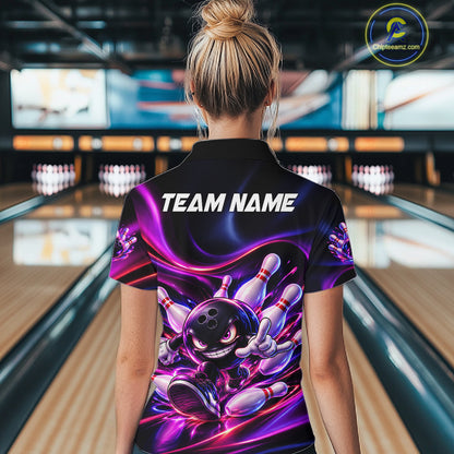 Custom Funny Bowling Shirts For Women Neon Bowling Team Jersey Polo Quarter Zip Bowling League NBT1104