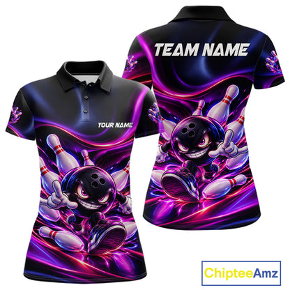 Custom Funny Bowling Shirts For Women Neon Bowling Team Jersey Polo Quarter Zip Bowling League NBT1104