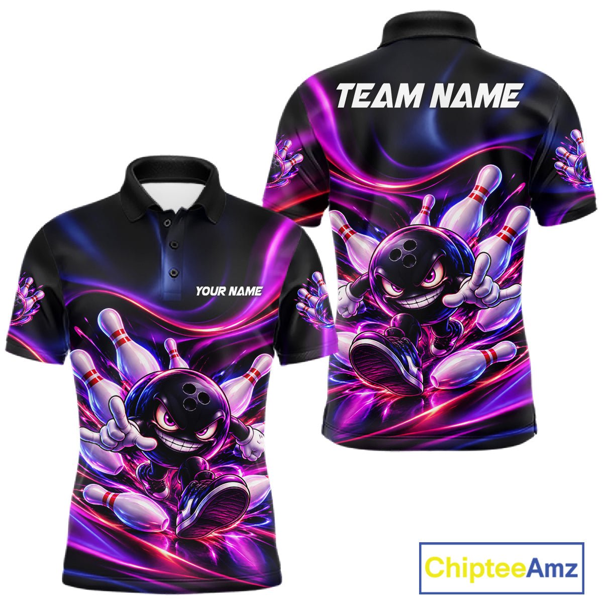 Custom Funny Bowling Shirts For Men Neon Bowling Team Jersey Polo Quarter Zip Bowling League NBT1104