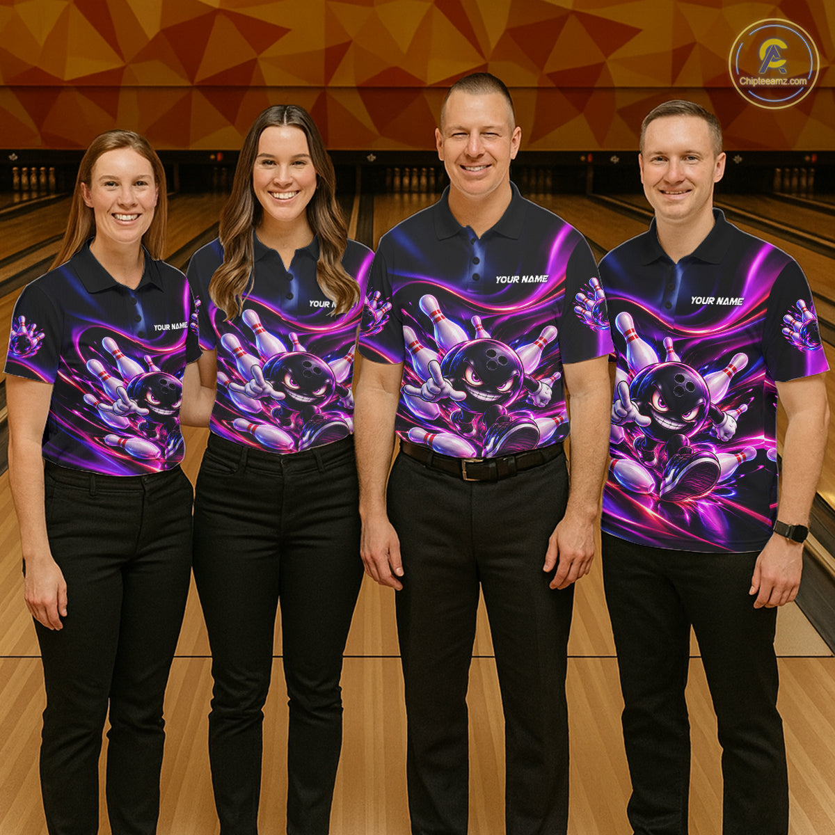 Custom Funny Bowling Shirts For Men Neon Bowling Team Jersey Polo Quarter Zip Bowling League NBT1104
