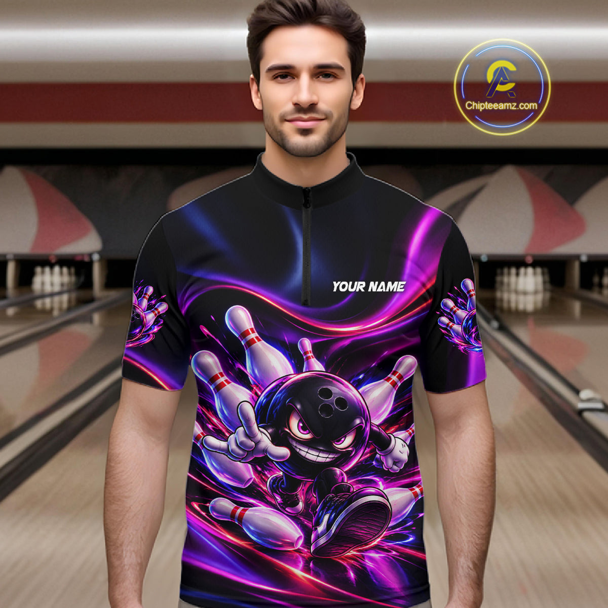 Custom Funny Bowling Shirts For Men Neon Bowling Team Jersey Polo Quarter Zip Bowling League NBT1104