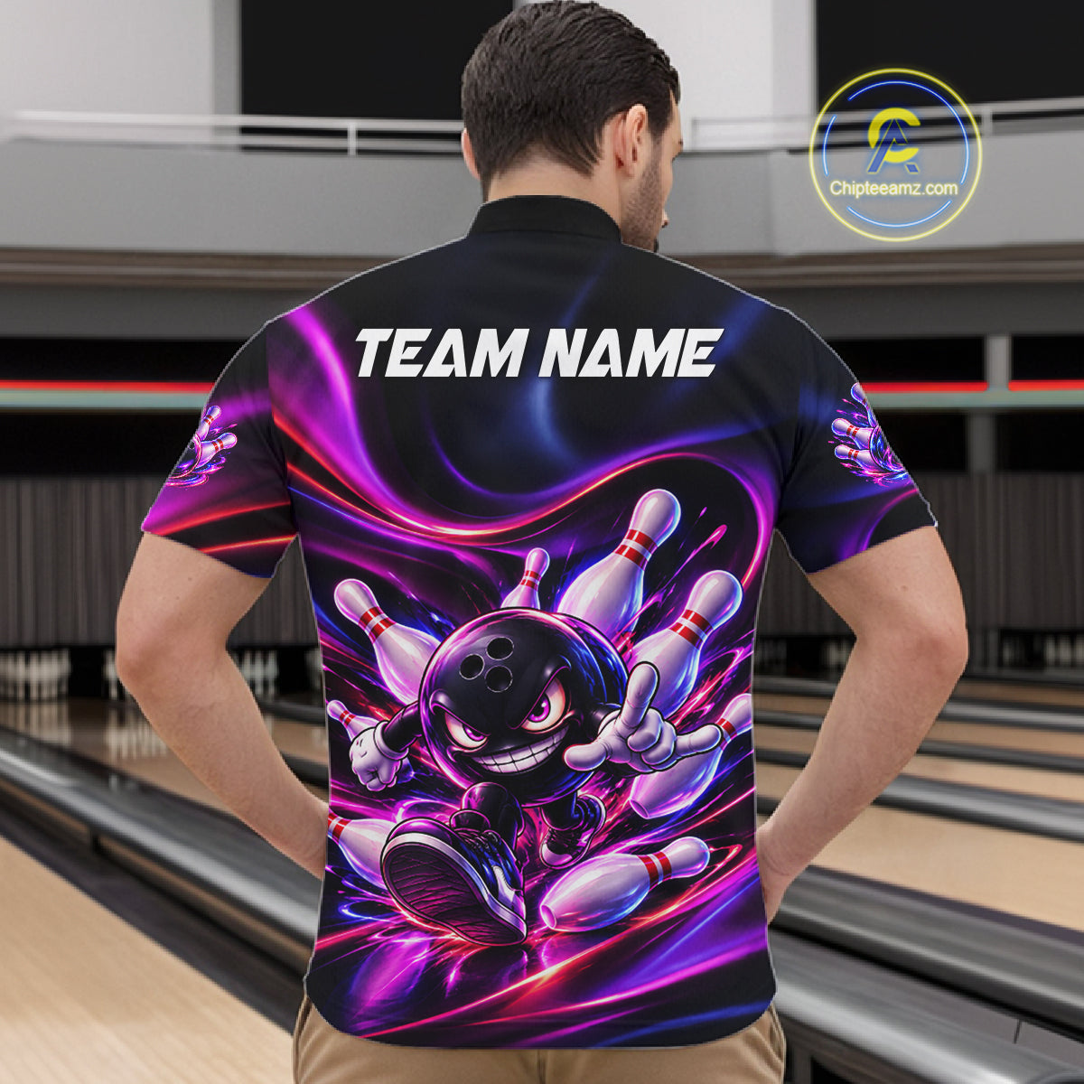Custom Funny Bowling Shirts For Men Neon Bowling Team Jersey Polo Quarter Zip Bowling League NBT1104