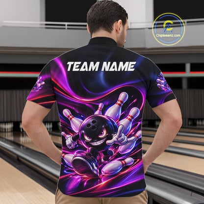 Custom Funny Bowling Shirts For Men Neon Bowling Team Jersey Polo Quarter Zip Bowling League NBT1104