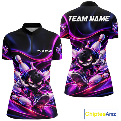 Custom Funny Bowling Shirts For Women Neon Bowling Team Jersey Polo Quarter Zip Bowling League NBT1104