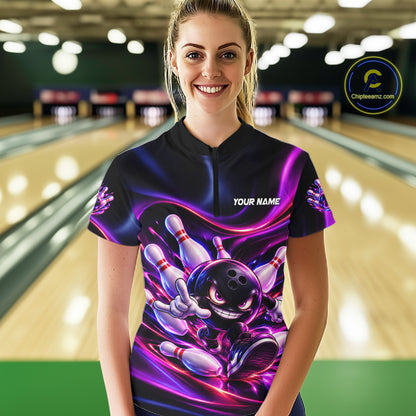 Custom Funny Bowling Shirts For Women Neon Bowling Team Jersey Polo Quarter Zip Bowling League NBT1104