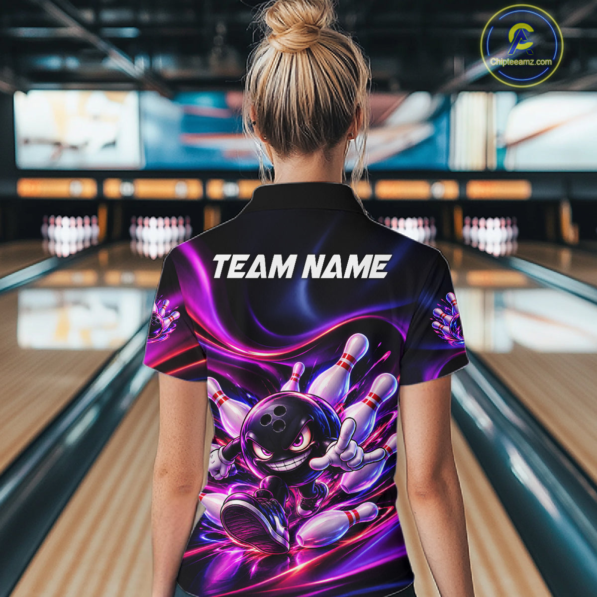 Custom Funny Bowling Shirts For Women Neon Bowling Team Jersey Polo Quarter Zip Bowling League NBT1104