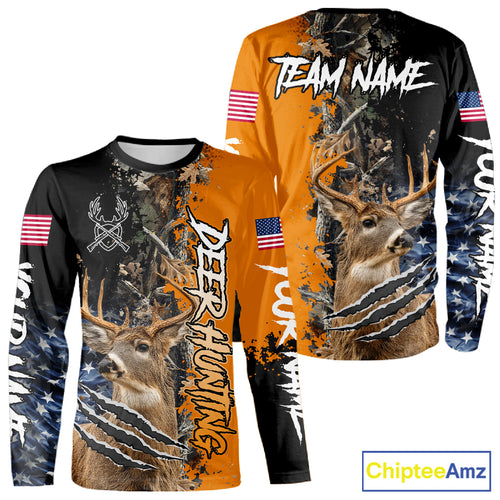 Whitetail Deer Hunting Orange Forest Camo US Flag Shirts, Personalized Hunting Shirt NBT258