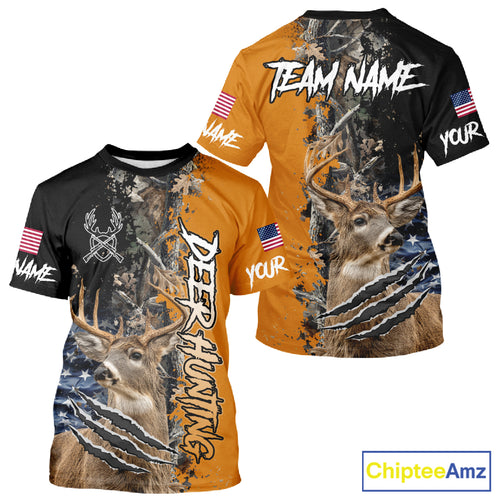 Whitetail Deer Hunting Orange Forest Camo US Flag Shirts, Personalized Hunting Shirt NBT258