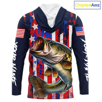 American Flag Bass Long Sleeve Hooded Fishing Shirts, Bass Fishing Tournament Shirts, Bass Fishing Shirts NBT432
