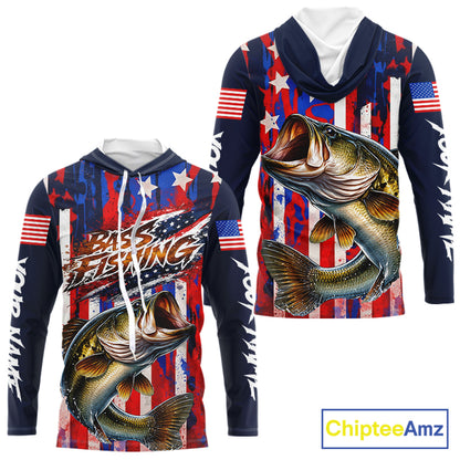 American Flag Bass Long Sleeve Hooded Fishing Shirts, Bass Fishing Tournament Shirts, Bass Fishing Shirts NBT432