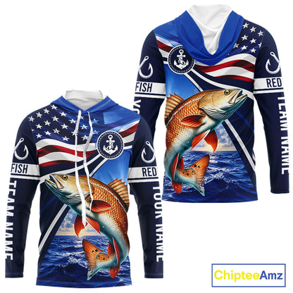 American Flag Redfish Fishing Long Sleeve Hooded Saltwater Fishing Shirts, Custom Redfish Fishing Jerseys NBT1025
