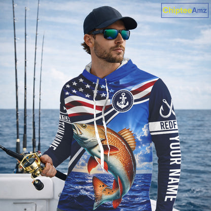American Flag Redfish Fishing Long Sleeve Hooded Saltwater Fishing Shirts, Custom Redfish Fishing Jerseys NBT1025