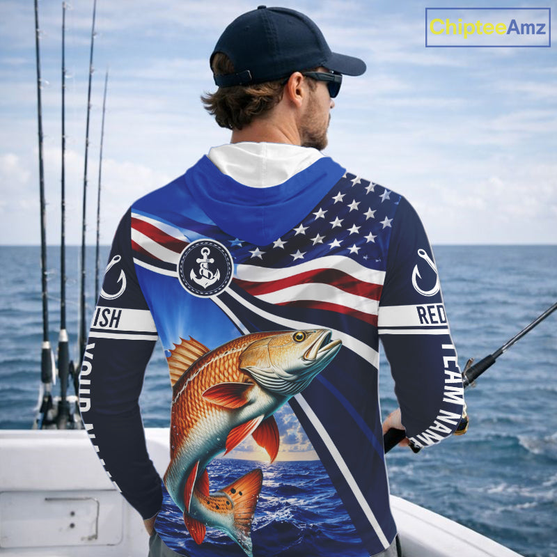 American Flag Redfish Fishing Long Sleeve Hooded Saltwater Fishing Shirts, Custom Redfish Fishing Jerseys NBT1025