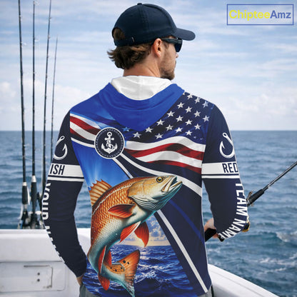 American Flag Redfish Fishing Long Sleeve Hooded Saltwater Fishing Shirts, Custom Redfish Fishing Jerseys NBT1025