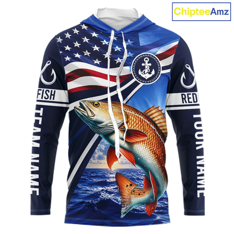 American Flag Redfish Fishing Long Sleeve Hooded Saltwater Fishing Shirts, Custom Redfish Fishing Jerseys NBT1025