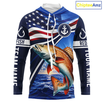 American Flag Redfish Fishing Long Sleeve Hooded Saltwater Fishing Shirts, Custom Redfish Fishing Jerseys NBT1025