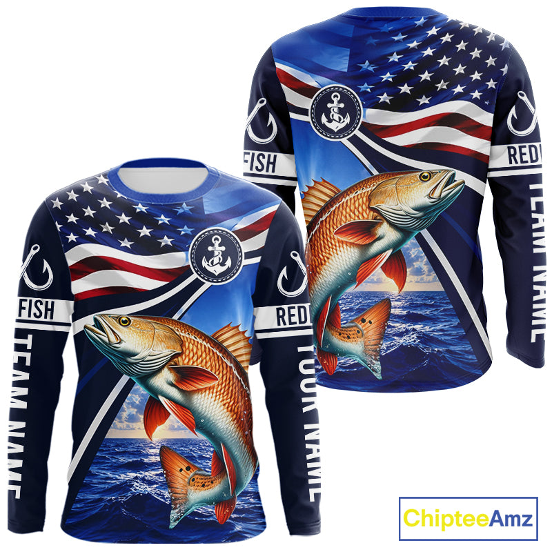 American Flag Redfish Fishing Long Sleeve Saltwater Fishing Shirts, Custom Redfish Fishing Jerseys NBT1025