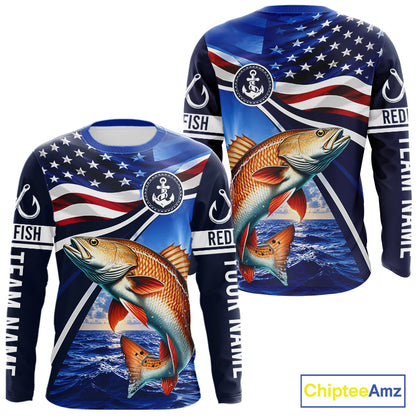 American Flag Redfish Fishing Long Sleeve Saltwater Fishing Shirts, Custom Redfish Fishing Jerseys NBT1025