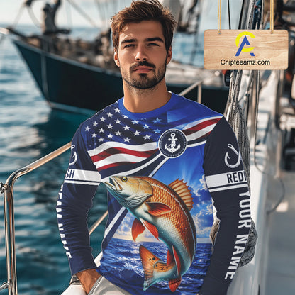 American Flag Redfish Fishing Long Sleeve Saltwater Fishing Shirts, Custom Redfish Fishing Jerseys NBT1025