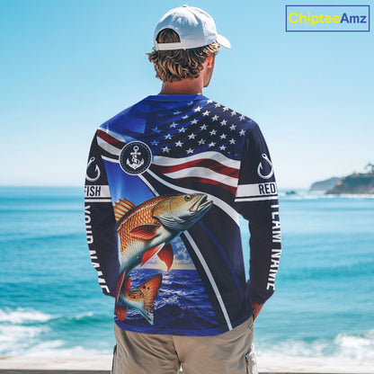 American Flag Redfish Fishing Long Sleeve Saltwater Fishing Shirts, Custom Redfish Fishing Jerseys NBT1025