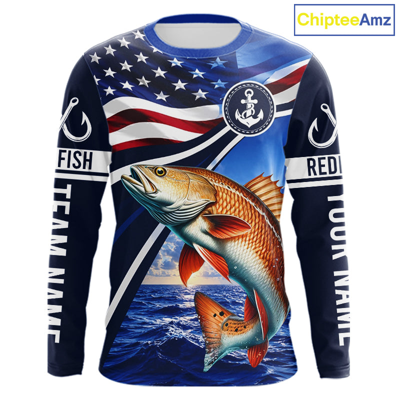 American Flag Redfish Fishing Long Sleeve Saltwater Fishing Shirts, Custom Redfish Fishing Jerseys NBT1025