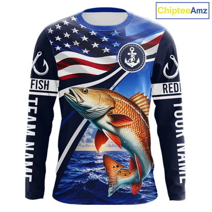 American Flag Redfish Fishing Long Sleeve Saltwater Fishing Shirts, Custom Redfish Fishing Jerseys NBT1025