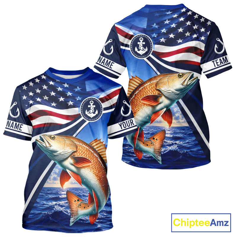 American Flag Redfish Fishing Saltwater Fishing T-Shirts, Custom Redfish Fishing Jerseys NBT1025