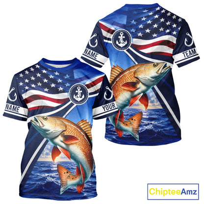 American Flag Redfish Fishing Saltwater Fishing T-Shirts, Custom Redfish Fishing Jerseys NBT1025