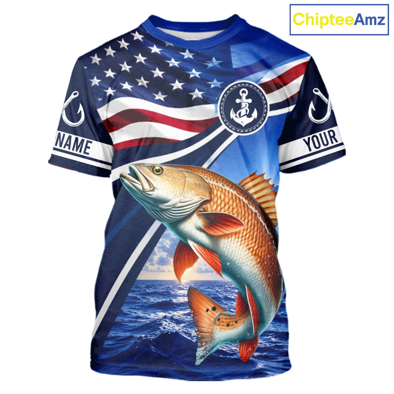 American Flag Redfish Fishing Saltwater Fishing T-Shirts, Custom Redfish Fishing Jerseys NBT1025