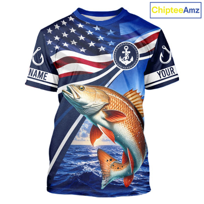 American Flag Redfish Fishing Saltwater Fishing T-Shirts, Custom Redfish Fishing Jerseys NBT1025