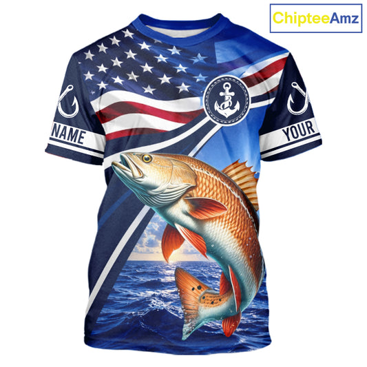American Flag Redfish Fishing Saltwater Fishing T-Shirts, Custom Redfish Fishing Jerseys NBT1025