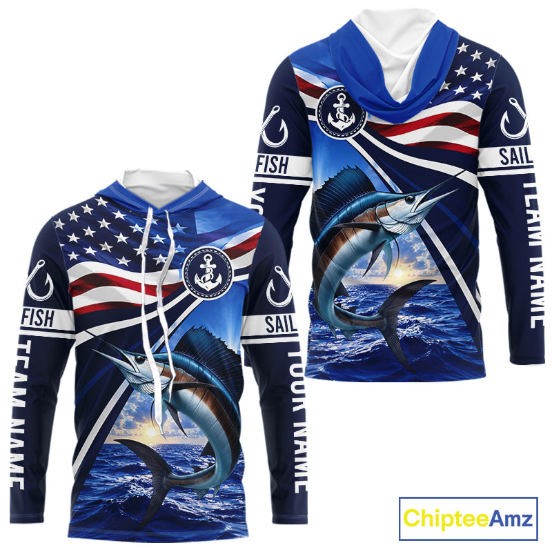 American Flag Sailfish Fishing Long Sleeve Hooded Saltwater Fishing Shirts, Custom Sailfish Fishing Jerseys NBT1026