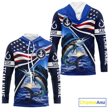 American Flag Sailfish Fishing Long Sleeve Hooded Saltwater Fishing Shirts, Custom Sailfish Fishing Jerseys NBT1026