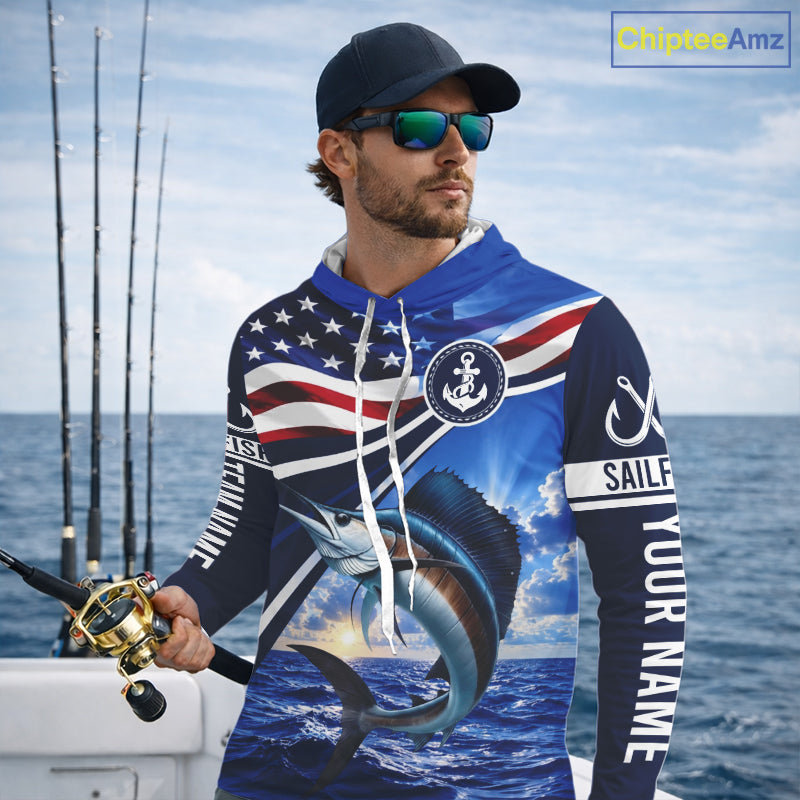 American Flag Sailfish Fishing Long Sleeve Hooded Saltwater Fishing Shirts, Custom Sailfish Fishing Jerseys NBT1026