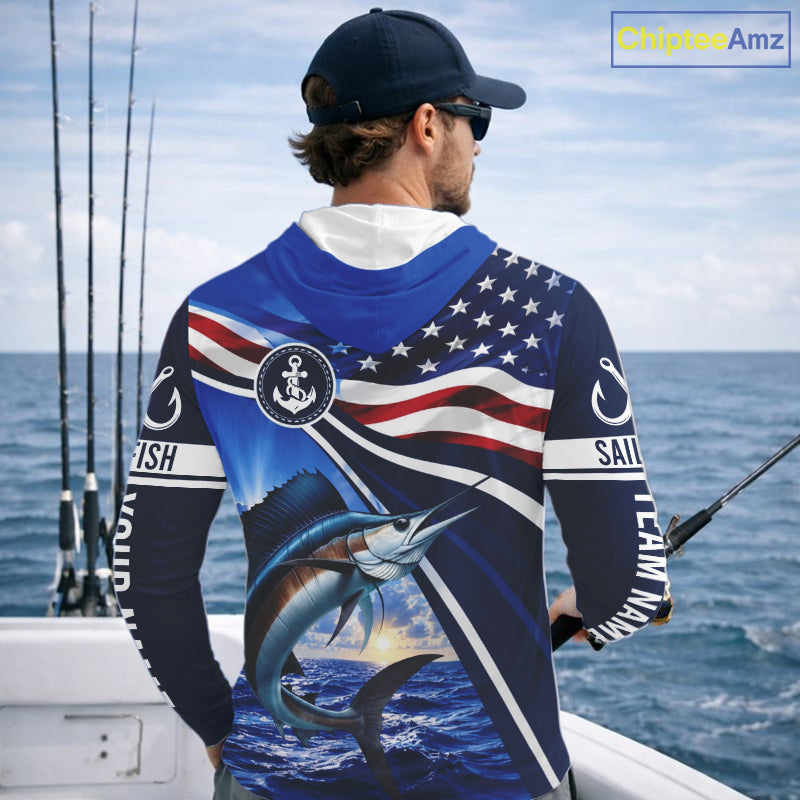 American Flag Sailfish Fishing Long Sleeve Hooded Saltwater Fishing Shirts, Custom Sailfish Fishing Jerseys NBT1026