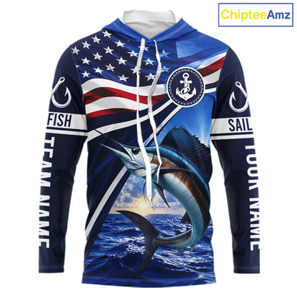 American Flag Sailfish Fishing Long Sleeve Hooded Saltwater Fishing Shirts, Custom Sailfish Fishing Jerseys NBT1026