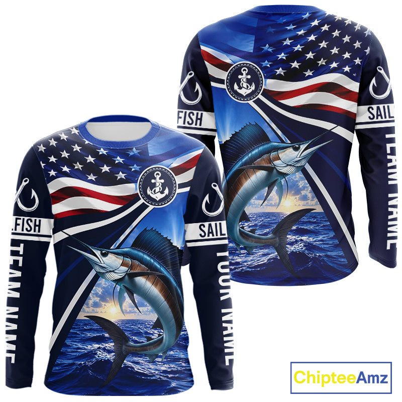American Flag Sailfish Fishing Long Sleeve Saltwater Fishing Shirts, Custom Sailfish Fishing Jerseys NBT1026