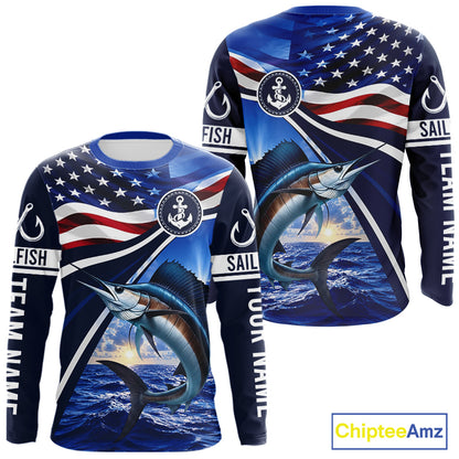 American Flag Sailfish Fishing Long Sleeve Saltwater Fishing Shirts, Custom Sailfish Fishing Jerseys NBT1026