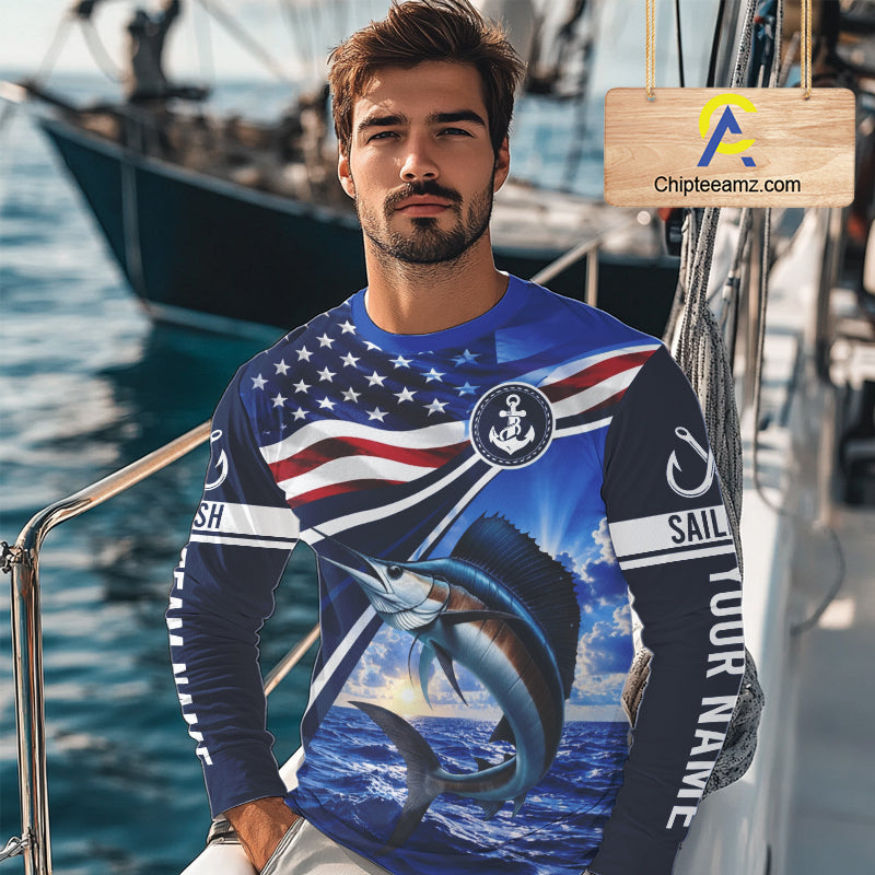 American Flag Sailfish Fishing Long Sleeve Saltwater Fishing Shirts, Custom Sailfish Fishing Jerseys NBT1026