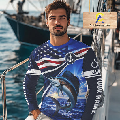 American Flag Sailfish Fishing Long Sleeve Saltwater Fishing Shirts, Custom Sailfish Fishing Jerseys NBT1026