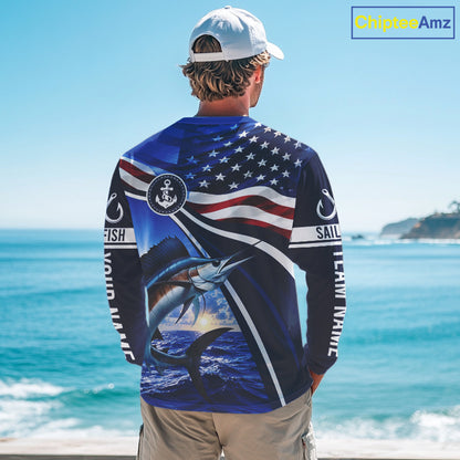American Flag Sailfish Fishing Long Sleeve Saltwater Fishing Shirts, Custom Sailfish Fishing Jerseys NBT1026