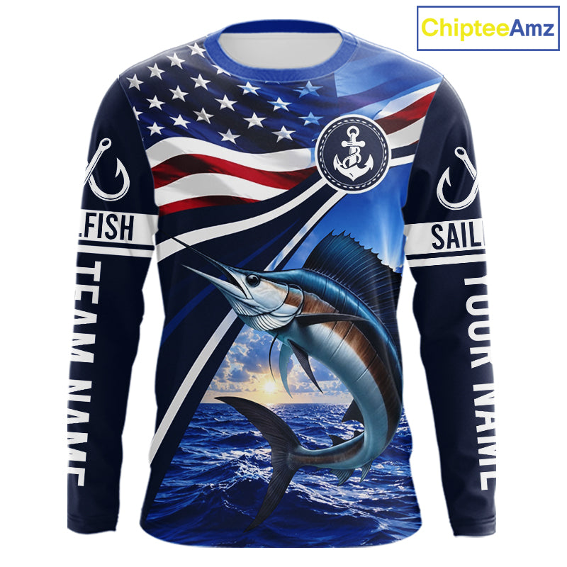 American Flag Sailfish Fishing Long Sleeve Saltwater Fishing Shirts, Custom Sailfish Fishing Jerseys NBT1026