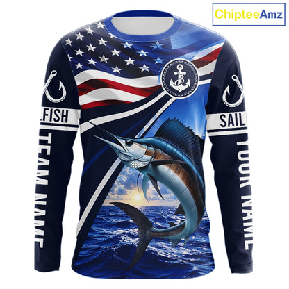 American Flag Sailfish Fishing Long Sleeve Saltwater Fishing Shirts, Custom Sailfish Fishing Jerseys NBT1026