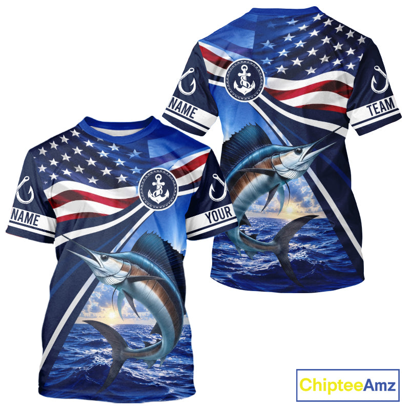 American Flag Sailfish Fishing Saltwater Fishing T-Shirts, Custom Sailfish Fishing Jerseys NBT1026