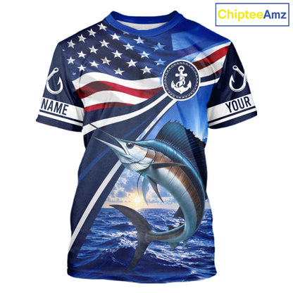 American Flag Sailfish Fishing Saltwater Fishing T-Shirts, Custom Sailfish Fishing Jerseys NBT1026