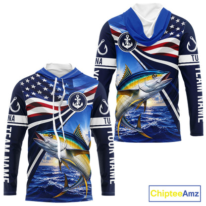 American Flag Yellowfin Tuna Fishing Long Sleeve Hooded Saltwater Fishing Shirts, Custom Tuna Fishing Jerseys NBT1027