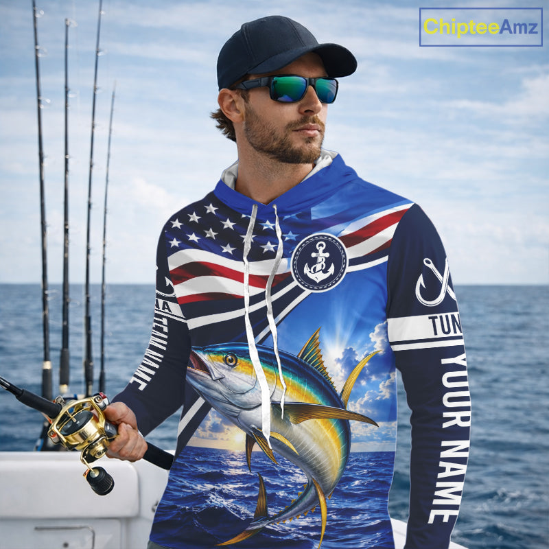 American Flag Yellowfin Tuna Fishing Long Sleeve Hooded Saltwater Fishing Shirts, Custom Tuna Fishing Jerseys NBT1027