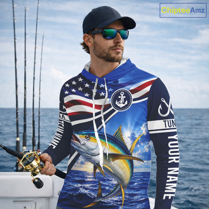 American Flag Yellowfin Tuna Fishing Long Sleeve Hooded Saltwater Fishing Shirts, Custom Tuna Fishing Jerseys NBT1027