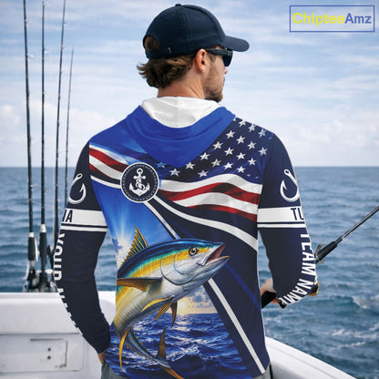 American Flag Yellowfin Tuna Fishing Long Sleeve Hooded Saltwater Fishing Shirts, Custom Tuna Fishing Jerseys NBT1027