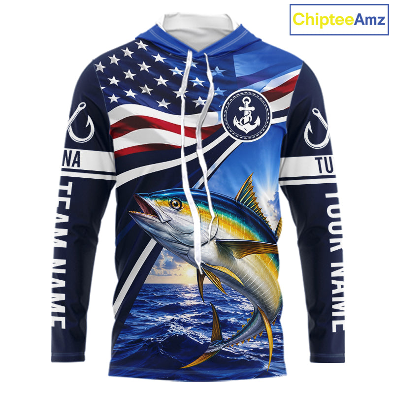 American Flag Yellowfin Tuna Fishing Long Sleeve Hooded Saltwater Fishing Shirts, Custom Tuna Fishing Jerseys NBT1027
